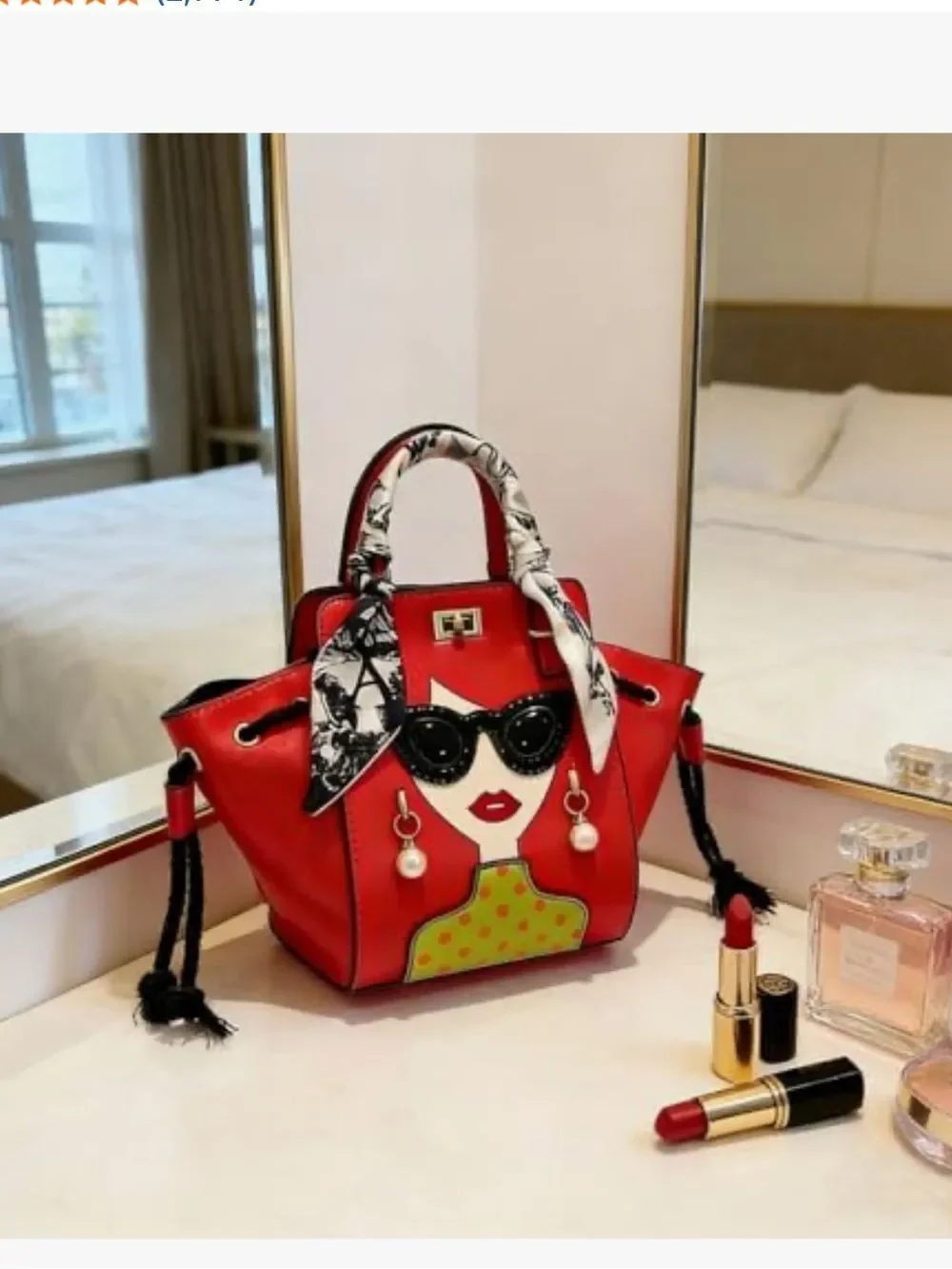 Red Top-Handle Satchel with Graphic Face Detail